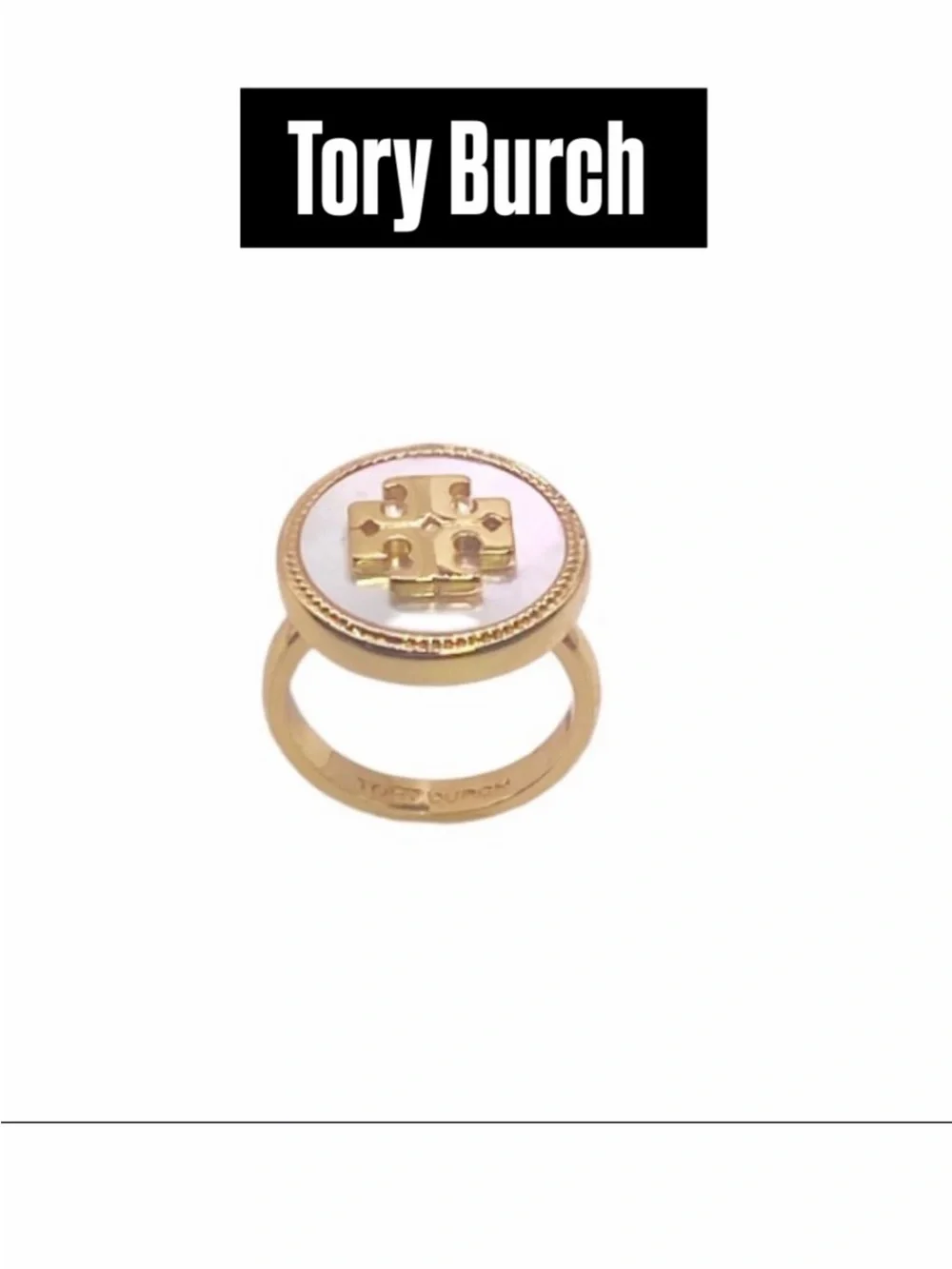 Tory Burch Gold-Tone Ring Mother of Pearl-of-pearl Semiprecious Stone Logo NWT